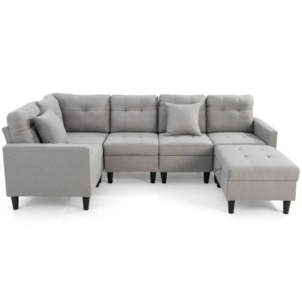 L-shaped Sectional Corner Sofa Set with Storage Ottoman-Gray - Gray - Sofas & Loveseats