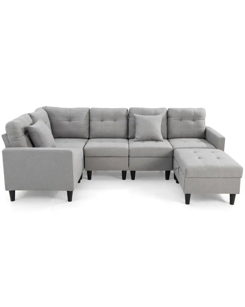 L-shaped Sectional Corner Sofa Set with Storage Ottoman-Gray - Gray - Sofas & Loveseats