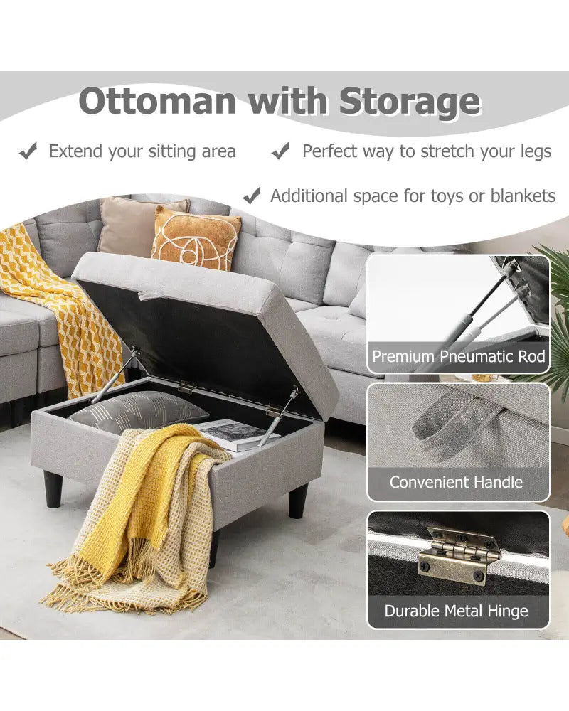 L-shaped Sectional Corner Sofa Set with Storage Ottoman-Gray - Gray - Sofas & Loveseats