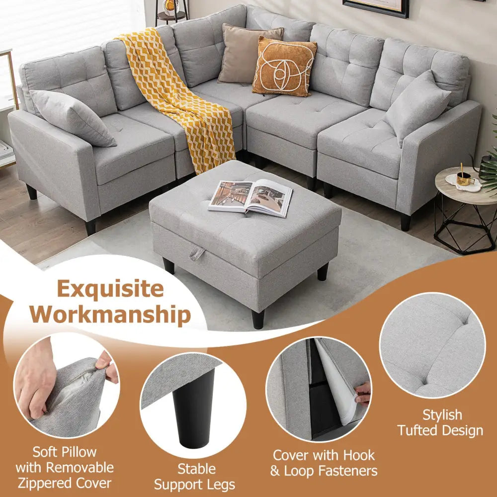 L-shaped Sectional Corner Sofa Set with Storage Ottoman-Gray - Gray - Sofas & Loveseats