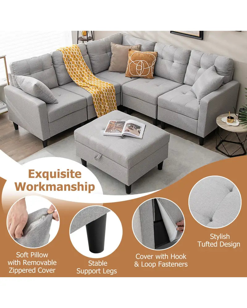 L-shaped Sectional Corner Sofa Set with Storage Ottoman-Gray - Gray - Sofas & Loveseats
