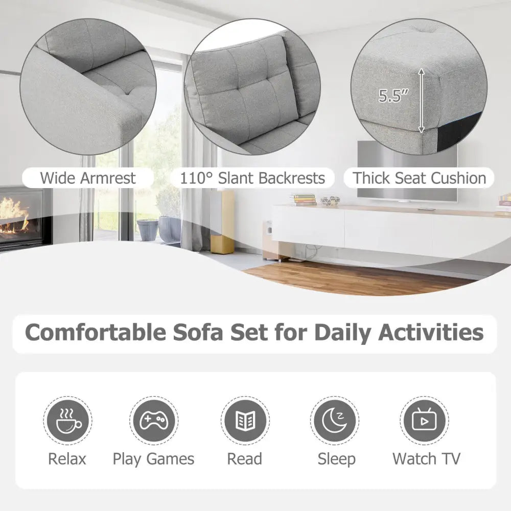 L-shaped Sectional Corner Sofa Set with Storage Ottoman-Gray - Gray - Sofas & Loveseats