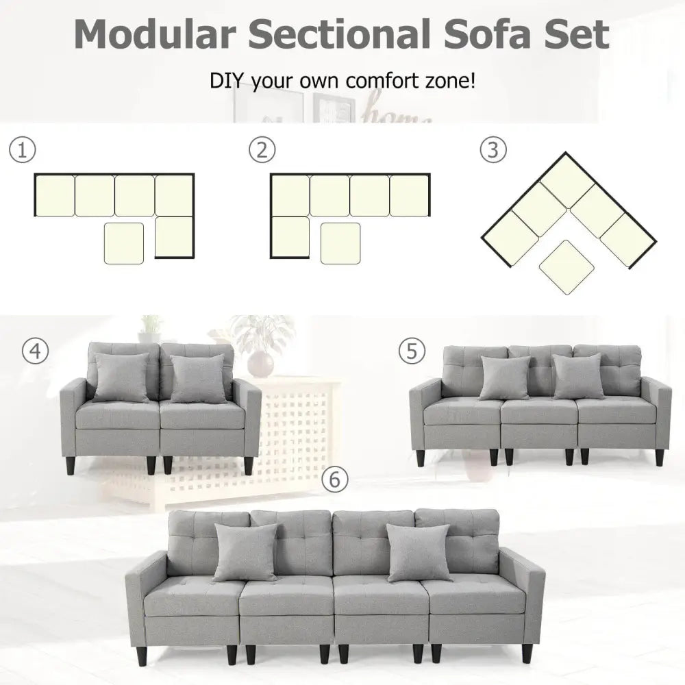 L-shaped Sectional Corner Sofa Set with Storage Ottoman-Gray - Gray - Sofas & Loveseats