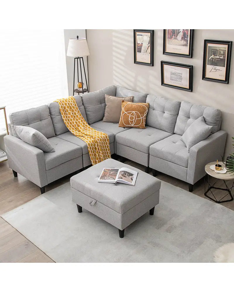 L-shaped Sectional Corner Sofa Set with Storage Ottoman-Gray - Gray - Sofas & Loveseats