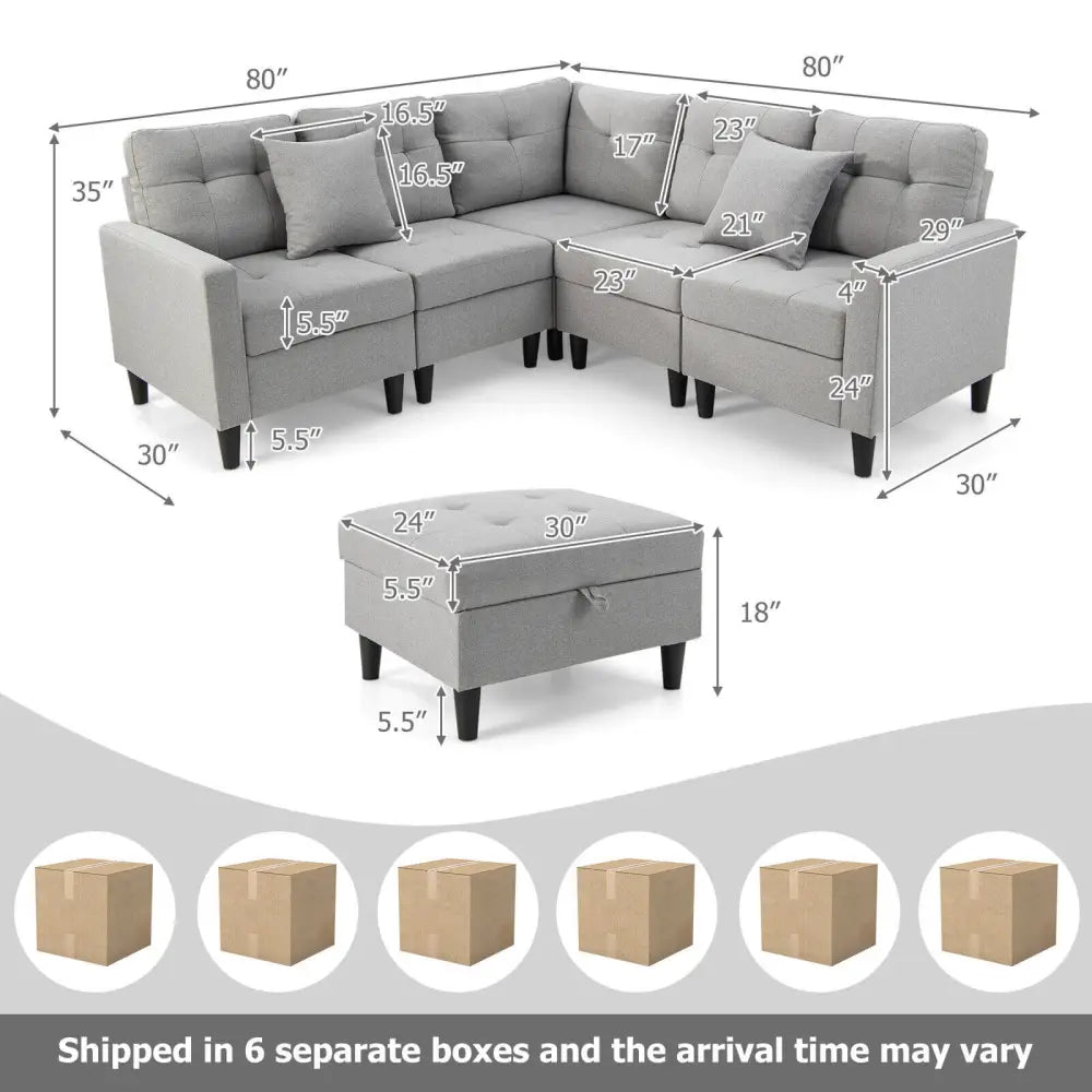 L-shaped Sectional Corner Sofa Set with Storage Ottoman-Gray - Gray - Sofas & Loveseats