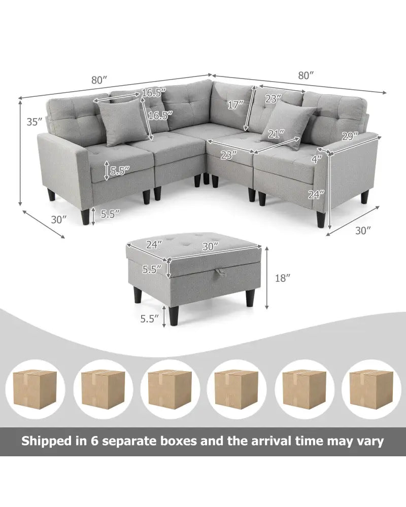 L-shaped Sectional Corner Sofa Set with Storage Ottoman-Gray - Gray - Sofas & Loveseats