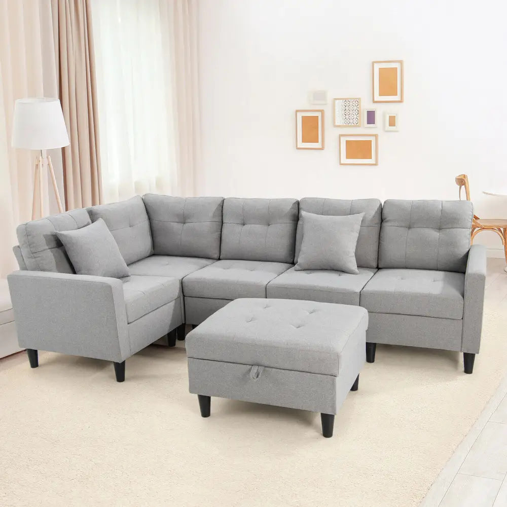 L-shaped Sectional Corner Sofa Set with Storage Ottoman-Gray - Gray - Sofas & Loveseats
