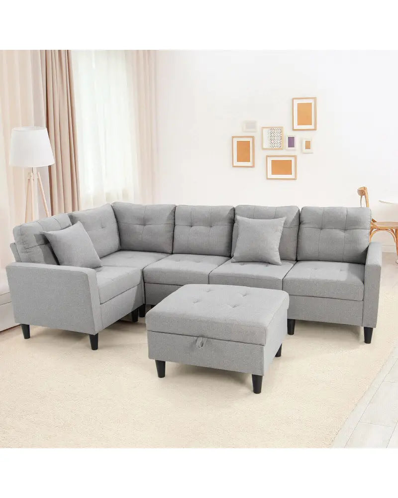 L-shaped Sectional Corner Sofa Set with Storage Ottoman-Gray - Gray - Sofas & Loveseats
