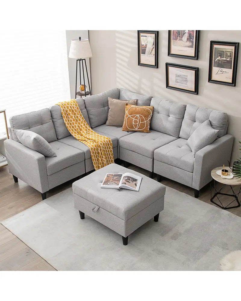 L-shaped Sectional Corner Sofa Set with Storage Ottoman-Gray - Gray - Sofas & Loveseats