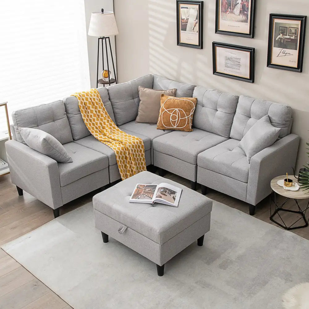 L-shaped Sectional Corner Sofa Set with Storage Ottoman-Gray - Gray - Sofas & Loveseats