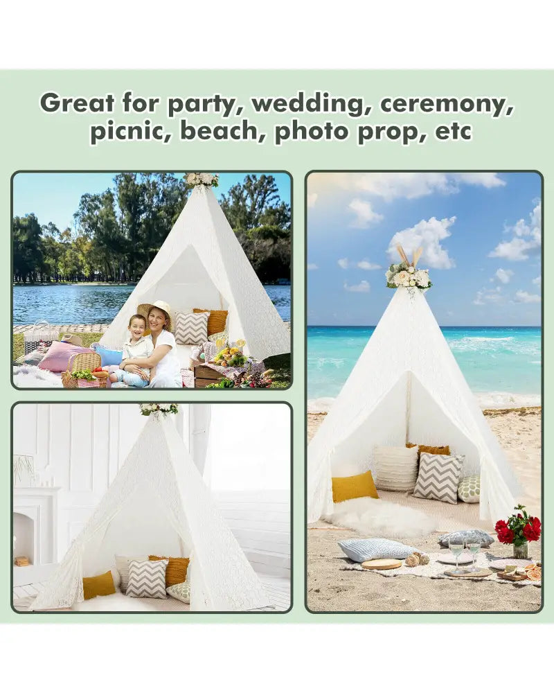 Lace Teepee Tent with Colorful Light Strings for Children - White - Play Tents & Playhouse