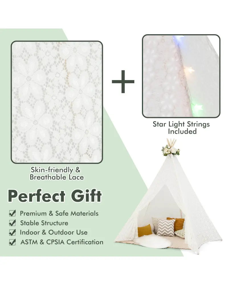 Lace Teepee Tent with Colorful Light Strings for Children - White - Play Tents & Playhouse