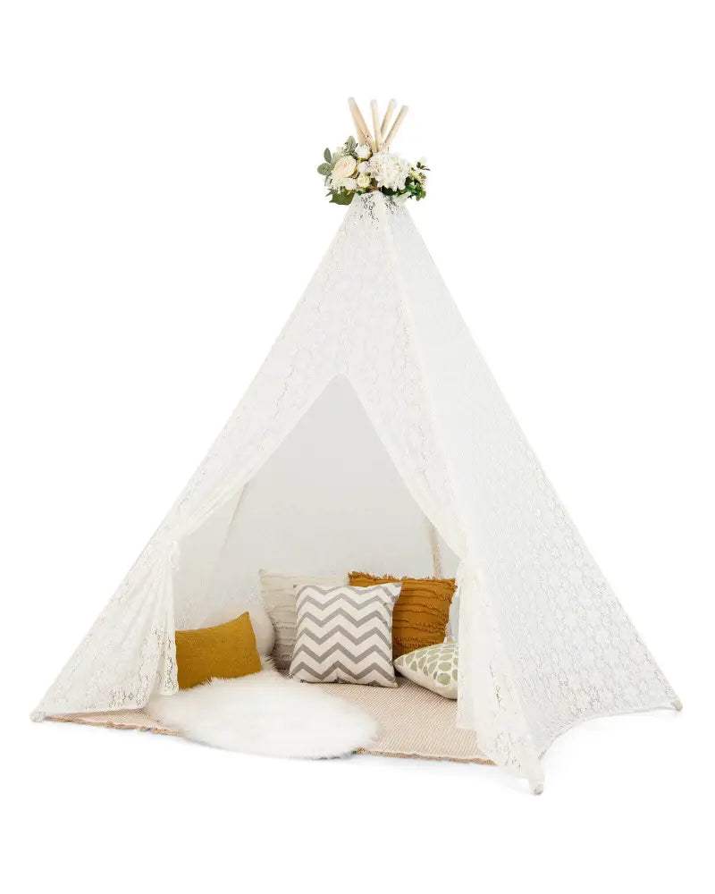 Lace Teepee Tent with Colorful Light Strings for Children - White - Play Tents & Playhouse