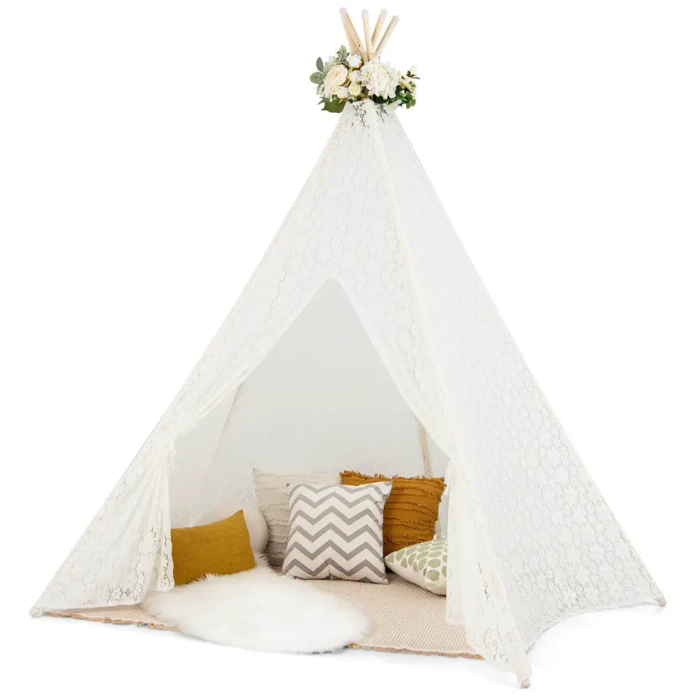 Lace Teepee Tent with Colorful Light Strings for Children - White - Play Tents & Playhouse
