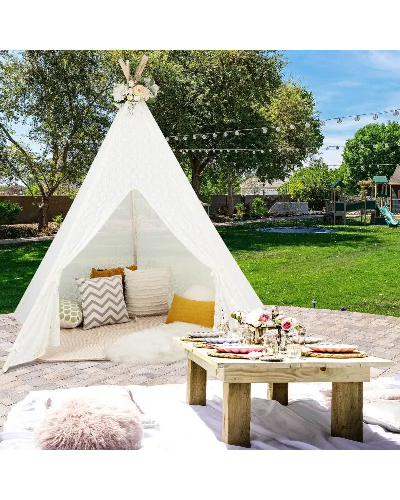 Lace Teepee Tent with Colorful Light Strings for Children - White - Play Tents & Playhouse