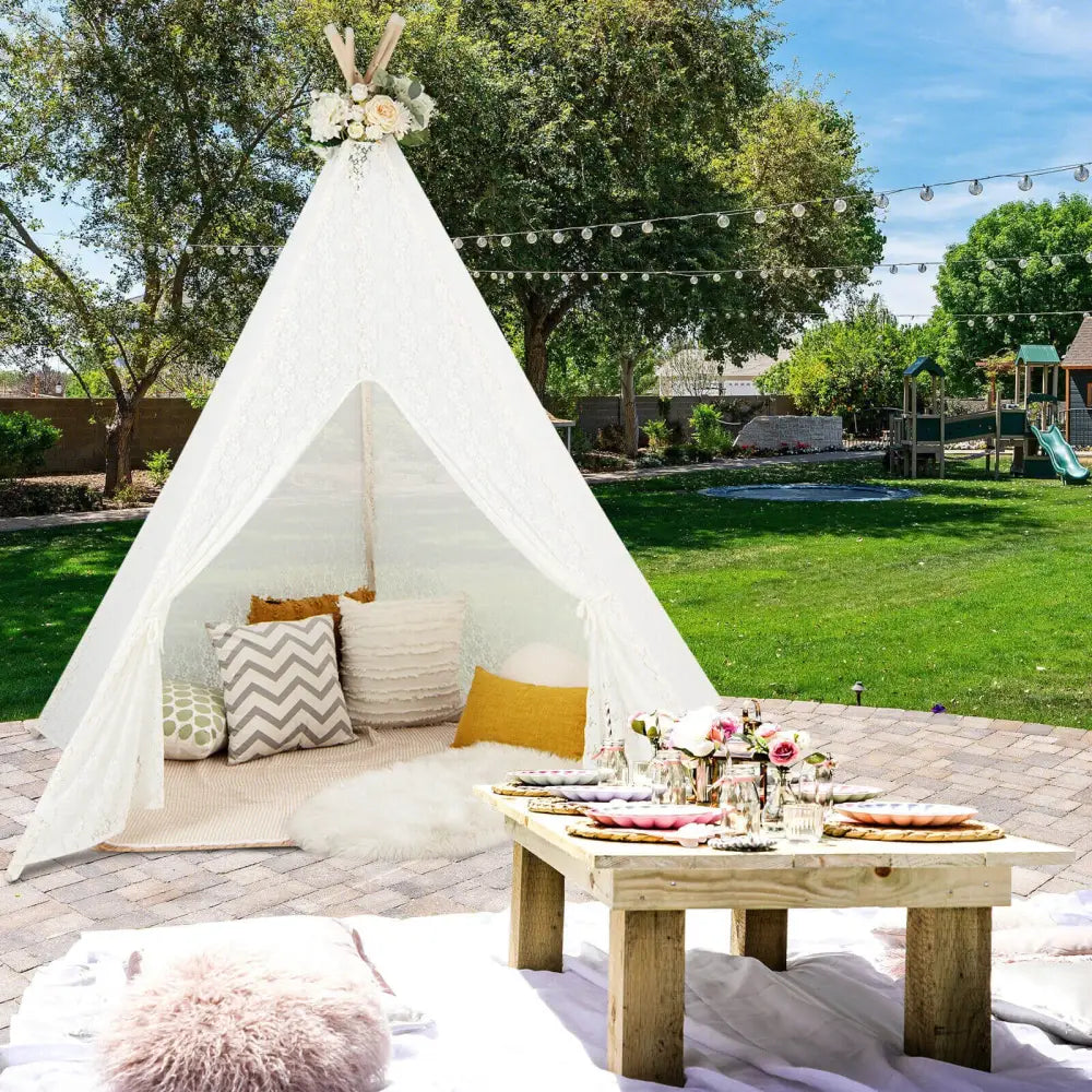 Lace Teepee Tent with Colorful Light Strings for Children - White - Play Tents & Playhouse