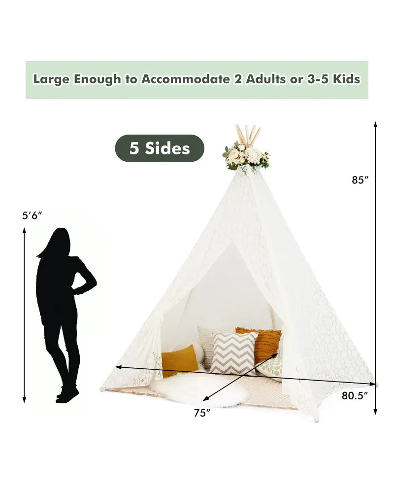 Lace Teepee Tent with Colorful Light Strings for Children - White - Play Tents & Playhouse