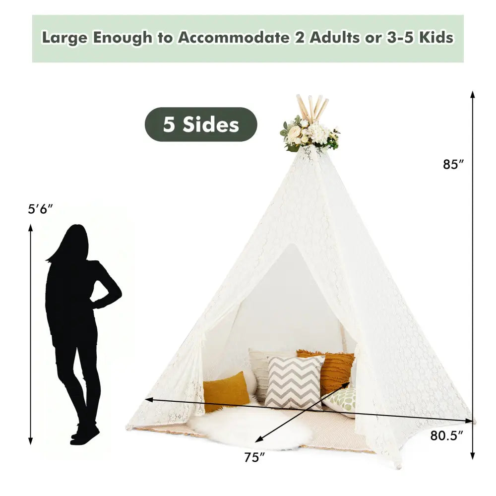 Lace Teepee Tent with Colorful Light Strings for Children - White - Play Tents & Playhouse