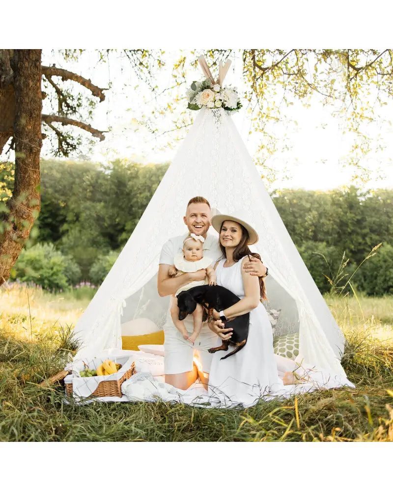 Lace Teepee Tent with Colorful Light Strings for Children - White - Play Tents & Playhouse