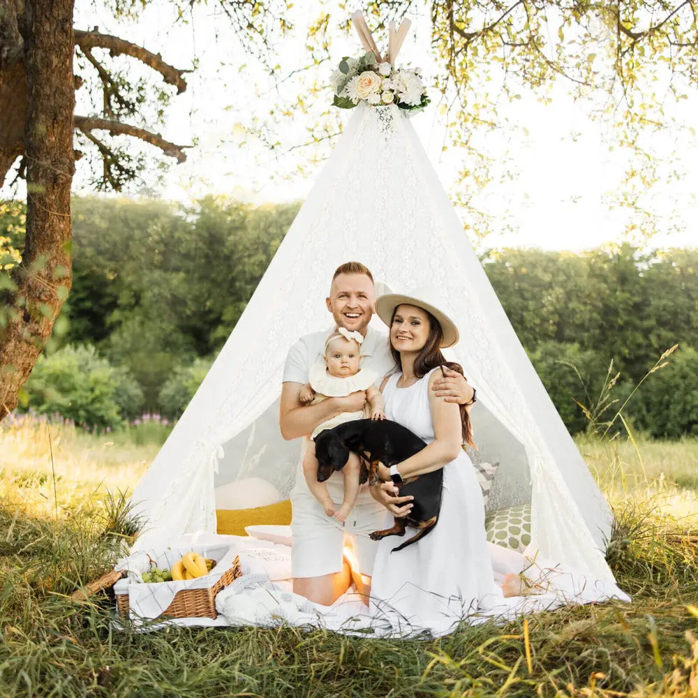 Lace Teepee Tent with Colorful Light Strings for Children - White - Play Tents & Playhouse