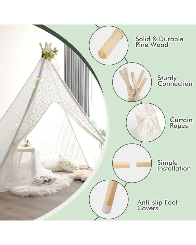 Lace Teepee Tent with Colorful Light Strings for Children - White - Play Tents & Playhouse
