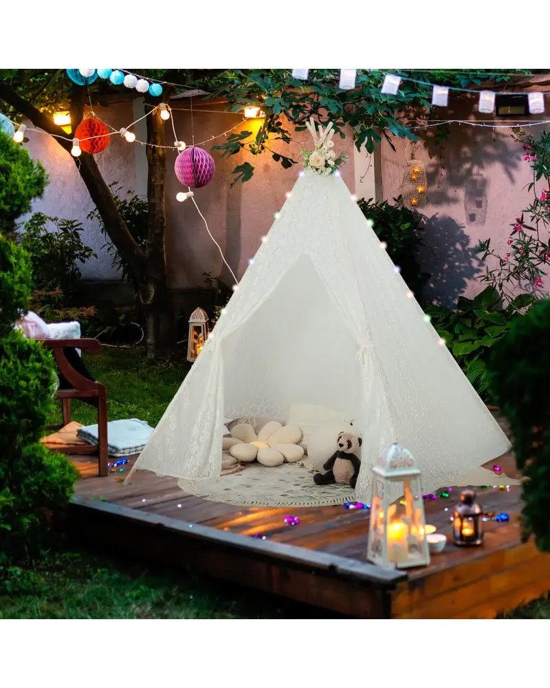 Lace Teepee Tent with Colorful Light Strings for Children - White - Play Tents & Playhouse