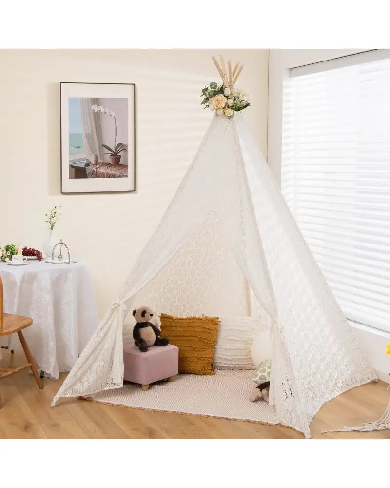 Lace Teepee Tent with Colorful Light Strings for Children - White - Play Tents & Playhouse