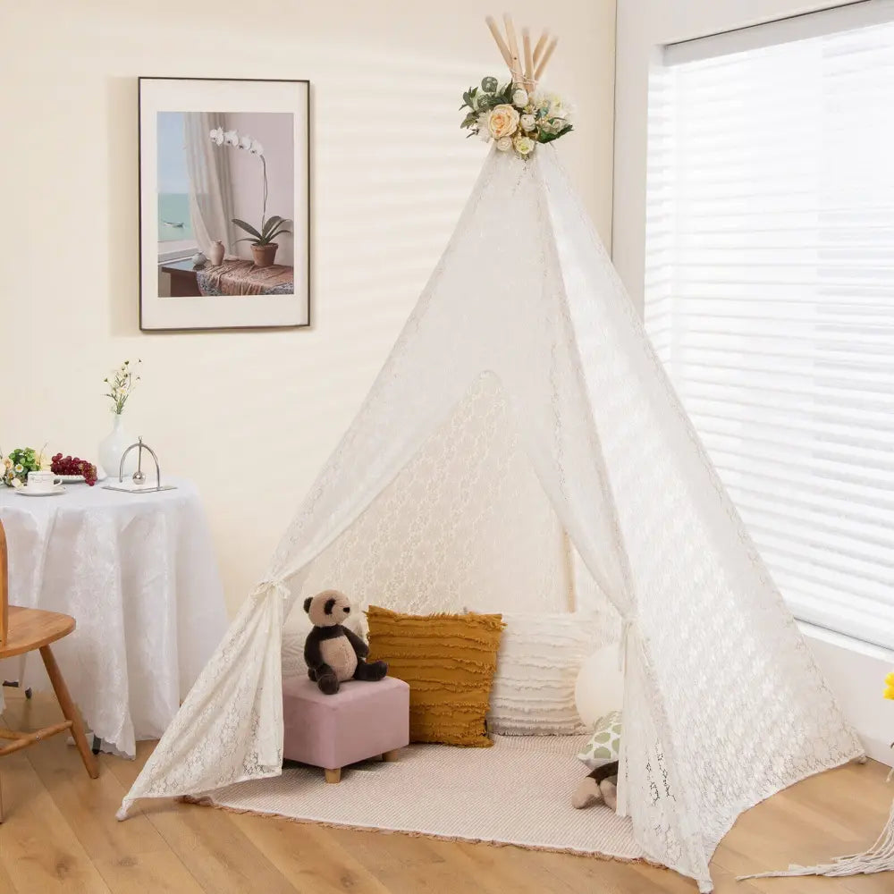 Lace Teepee Tent with Colorful Light Strings for Children - White - Play Tents & Playhouse