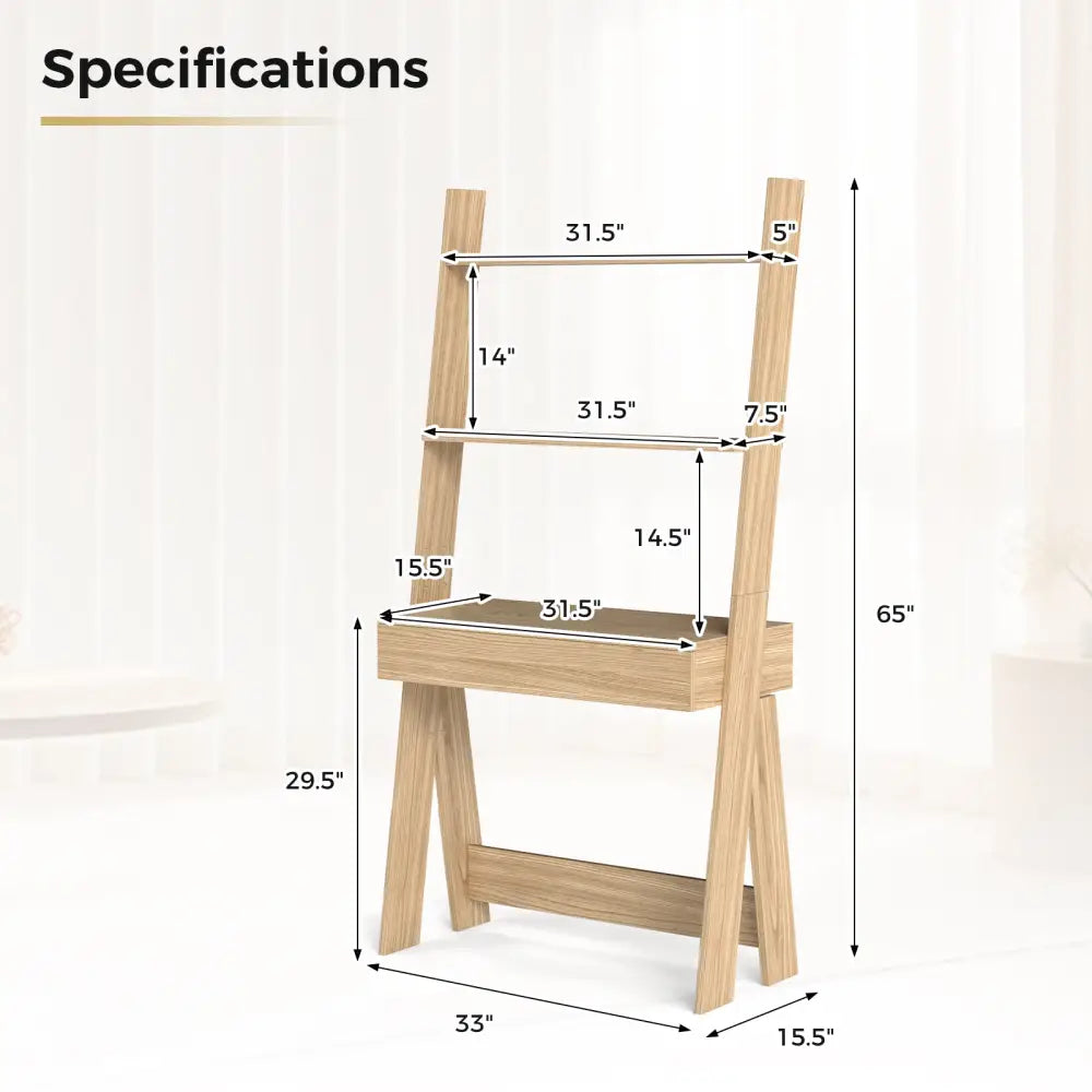 Ladder Shelf Desk Bookcase with Countertop Drawer and 2 Shelves-Natural - Natural - Bookcases