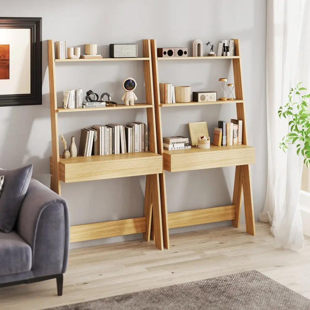 Ladder Shelf Desk Bookcase with Countertop Drawer and 2 Shelves-Natural - Natural - Bookcases
