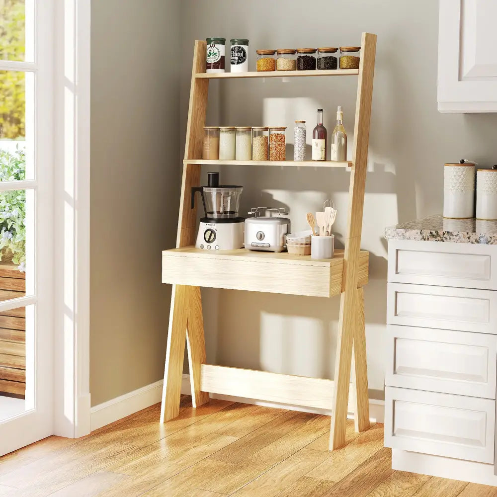 Ladder Shelf Desk Bookcase with Countertop Drawer and 2 Shelves-Natural - Natural - Bookcases