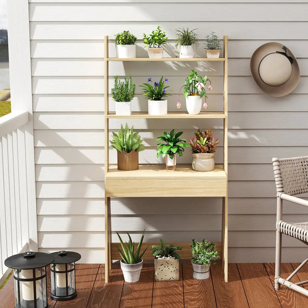 Ladder Shelf Desk Bookcase with Countertop Drawer and 2 Shelves-Natural - Natural - Bookcases