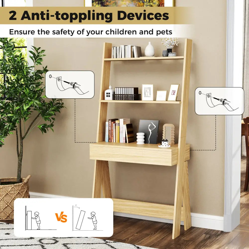 Ladder Shelf Desk Bookcase with Countertop Drawer and 2 Shelves-Natural - Natural - Bookcases