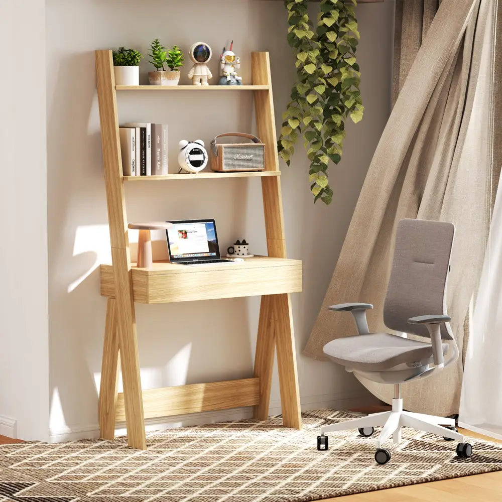 Ladder Shelf Desk Bookcase with Countertop Drawer and 2 Shelves-Natural - Natural - Bookcases