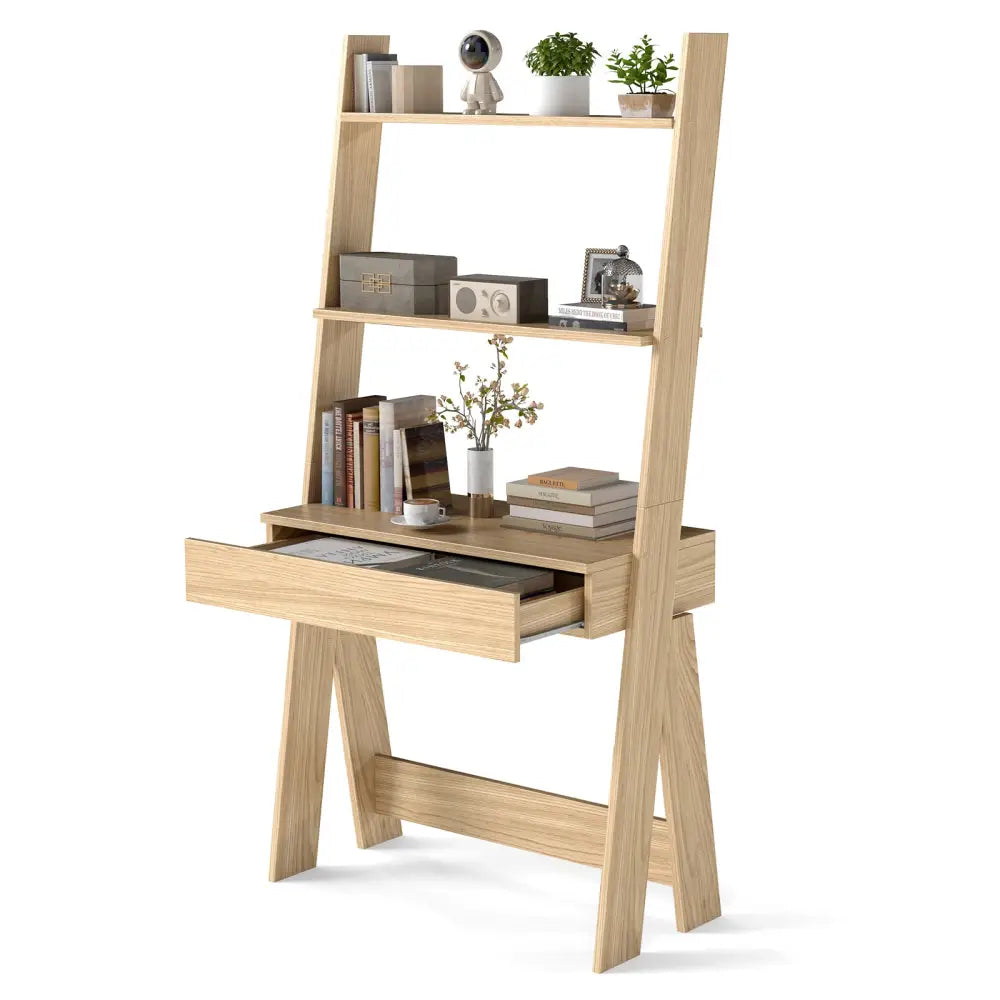 Ladder Shelf Desk Bookcase with Countertop Drawer and 2 Shelves-Natural - Natural - Bookcases