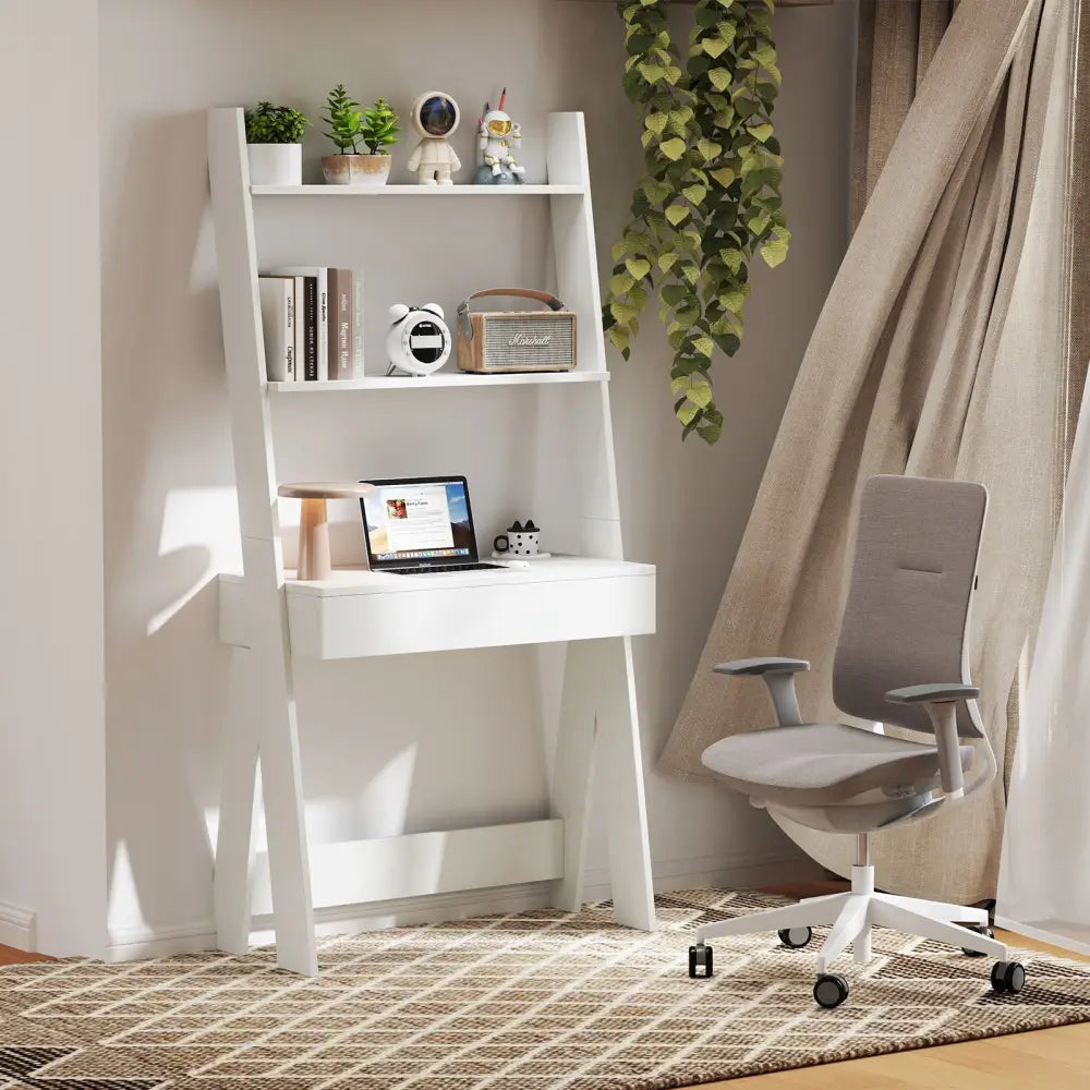Ladder Shelf Desk with Countertop Drawer and Anti-Toppling Device-Oak - Oak - Bookcases