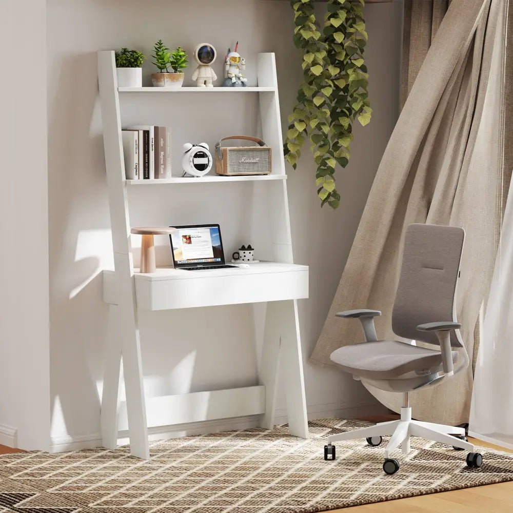 Ladder Shelf Desk with Countertop Drawer and Anti-Toppling Device-Oak - Oak - Bookcases