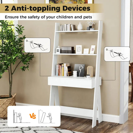 Ladder Shelf Desk with Countertop Drawer and Anti-Toppling Device-Oak - Oak - Bookcases