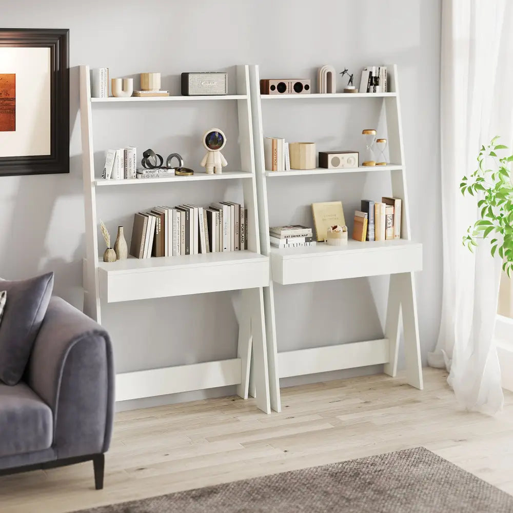 Ladder Shelf Desk with Countertop Drawer and Anti-Toppling Device-Oak - Oak - Bookcases