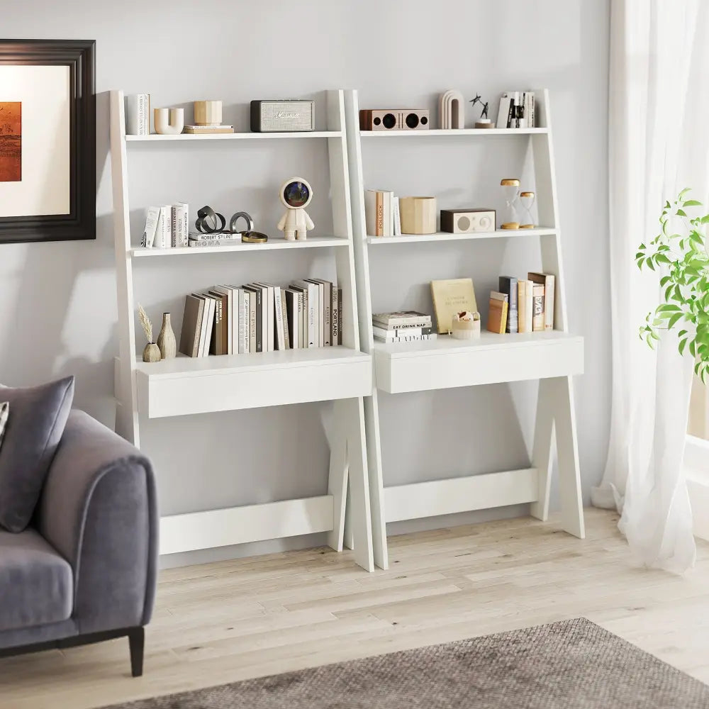 Ladder Shelf Desk with Countertop Drawer and Anti-Toppling Device-Oak - Oak - Bookcases