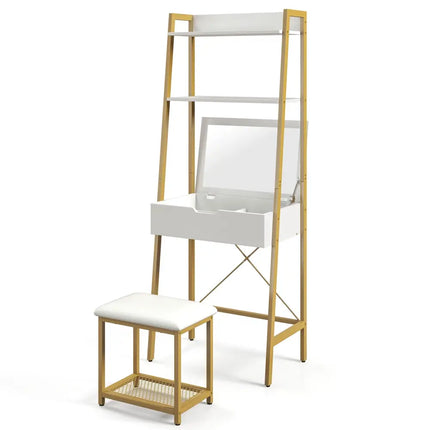 Ladder Vanity Desk Set with Flip Top Mirror and Cushioned Stool-Golden - Golden - Makeup Vanities