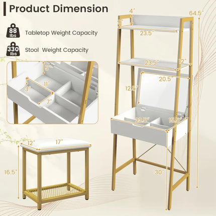 Ladder Vanity Desk Set with Flip Top Mirror and Cushioned Stool-Golden - Golden - Makeup Vanities