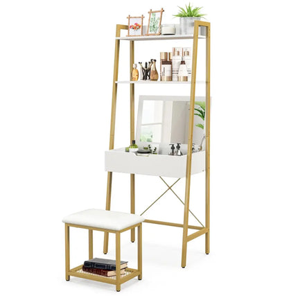Ladder Vanity Desk Set with Flip Top Mirror and Cushioned Stool-Golden - Golden - Makeup Vanities