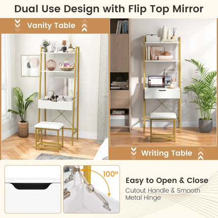 Ladder Vanity Desk Set with Flip Top Mirror and Cushioned Stool-Golden - Golden - Makeup Vanities
