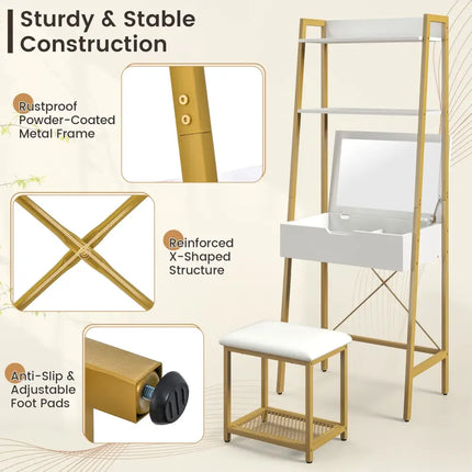 Ladder Vanity Desk Set with Flip Top Mirror and Cushioned Stool-Golden - Golden - Makeup Vanities