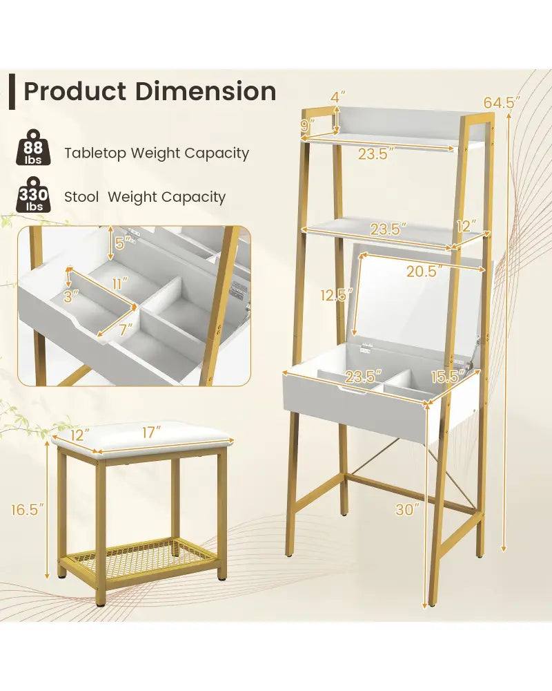 Ladder Vanity Desk Set with Flip Top Mirror and Cushioned Stool-Golden - Golden - Makeup Vanities