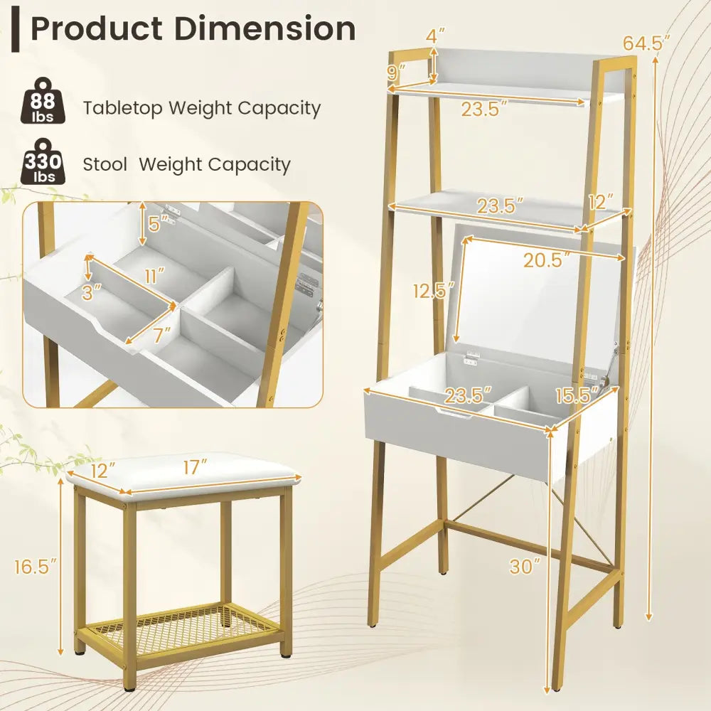 Ladder Vanity Desk Set with Flip Top Mirror and Cushioned Stool-Golden - Golden - Makeup Vanities