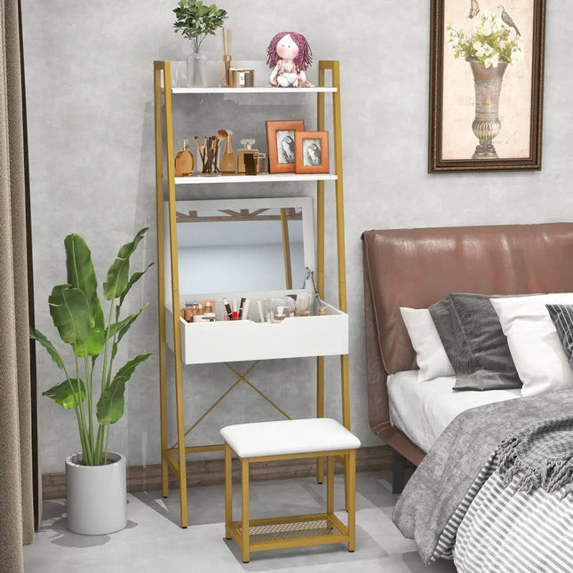 Ladder Vanity Desk Set with Flip Top Mirror and Cushioned Stool-Golden - Golden - Makeup Vanities