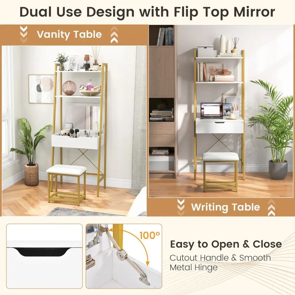 Ladder Vanity Desk Set with Flip Top Mirror and Cushioned Stool-Golden - Golden - Makeup Vanities