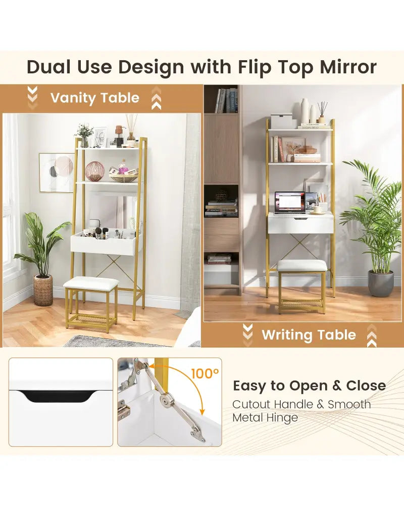 Ladder Vanity Desk Set with Flip Top Mirror and Cushioned Stool-Golden - Golden - Makeup Vanities